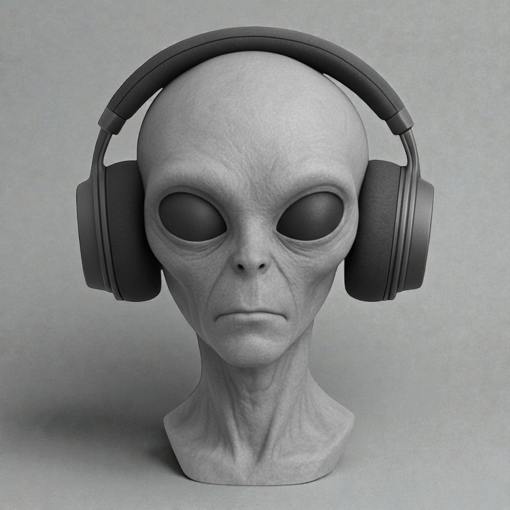 Happy3dWorld alien bust headphone stand in matte gray PLA, featuring a detailed extraterrestrial design for gaming.