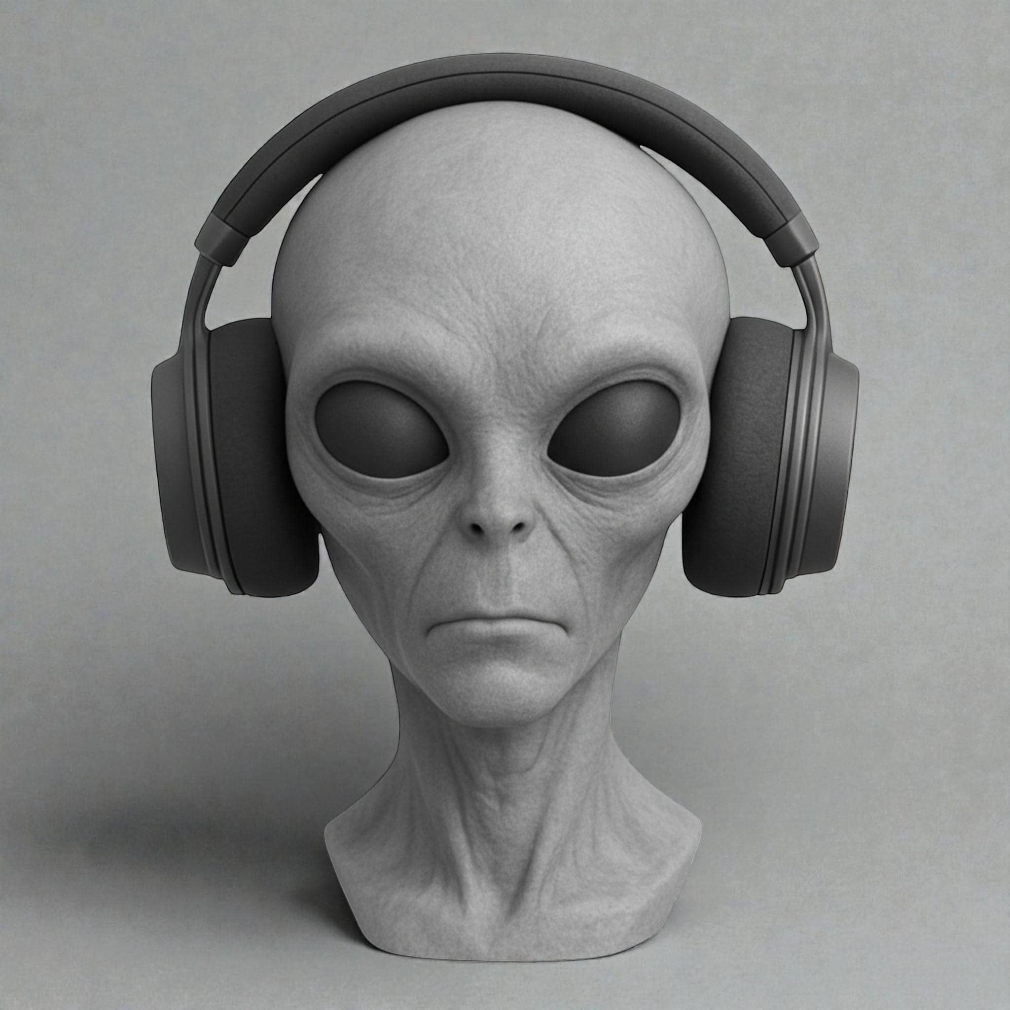 Happy3dWorld alien bust headphone stand in matte gray PLA, featuring a detailed extraterrestrial design for gaming.