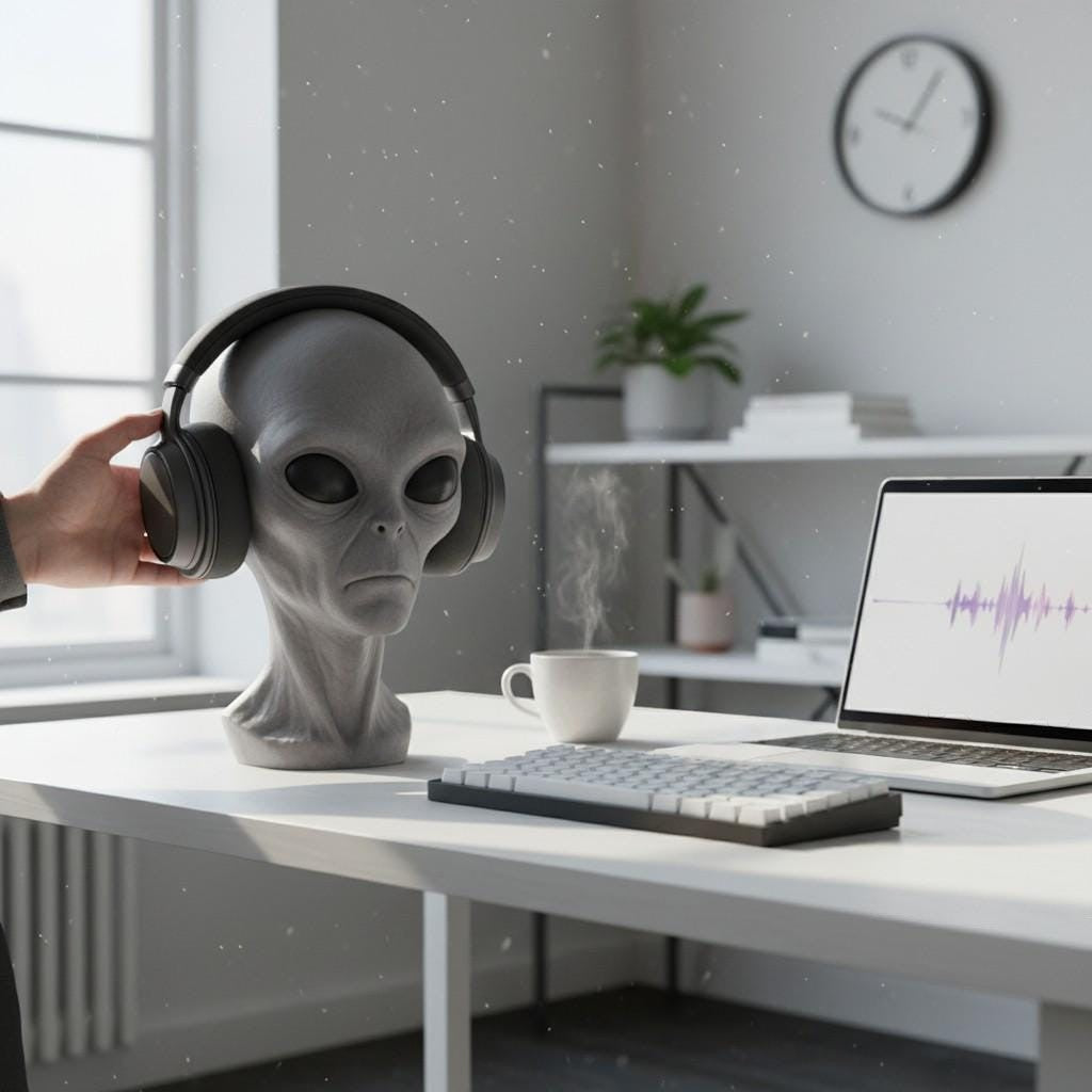 Happy3dWorld gray alien bust headphone stand on a modern white desk with a laptop and coffee cup