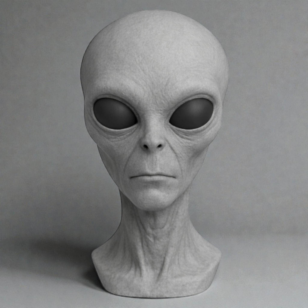 Happy3dWorld alien bust headphone stand in matte gray PLA, a sci-fi 3D-printed desk accessory for gaming setups.