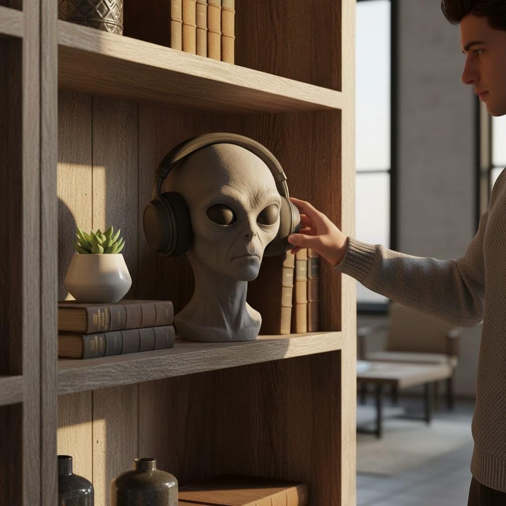 Happy3dWorld gray alien bust headphone stand displayed on a wooden bookshelf with a man adjusting headphones