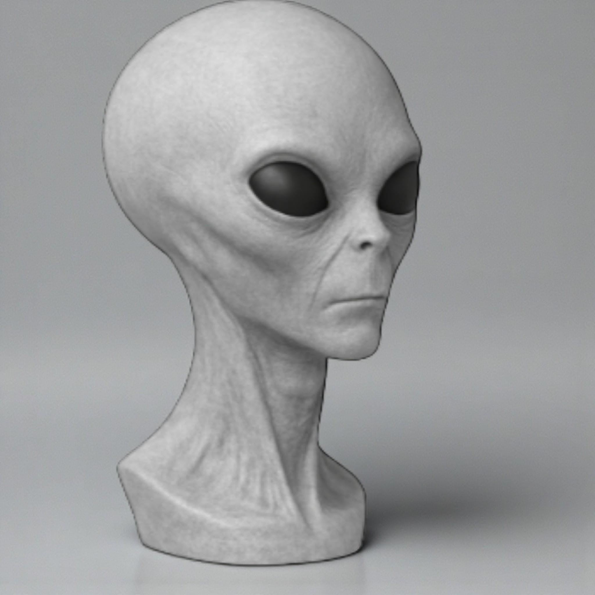 Happy3dWorld alien bust headphone stand in matte gray PLA, a sci-fi desk accessory for gaming setups.