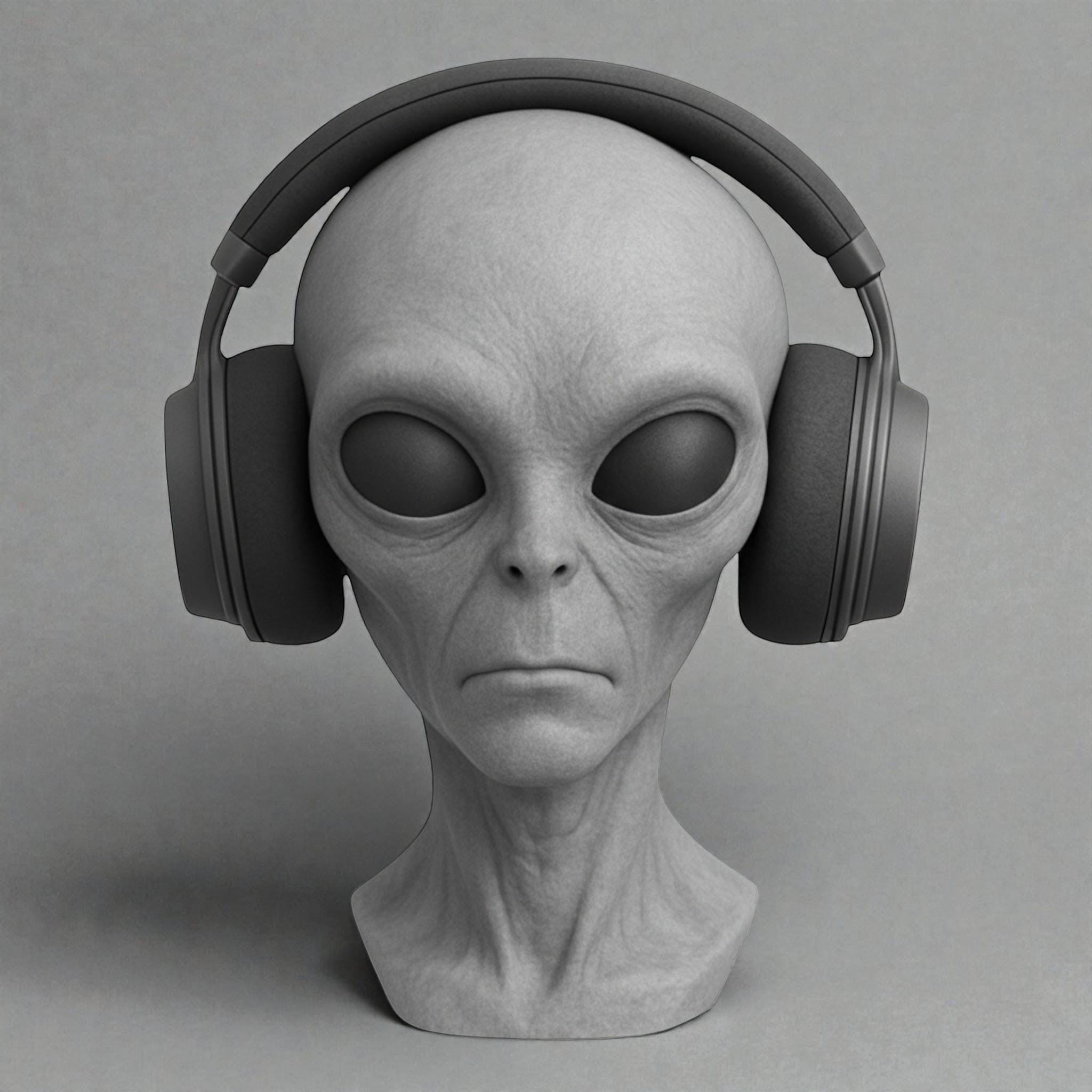 Happy3dWorld alien bust headphone stand in matte gray PLA, featuring a sci-fi extraterrestrial design for gaming desks.
