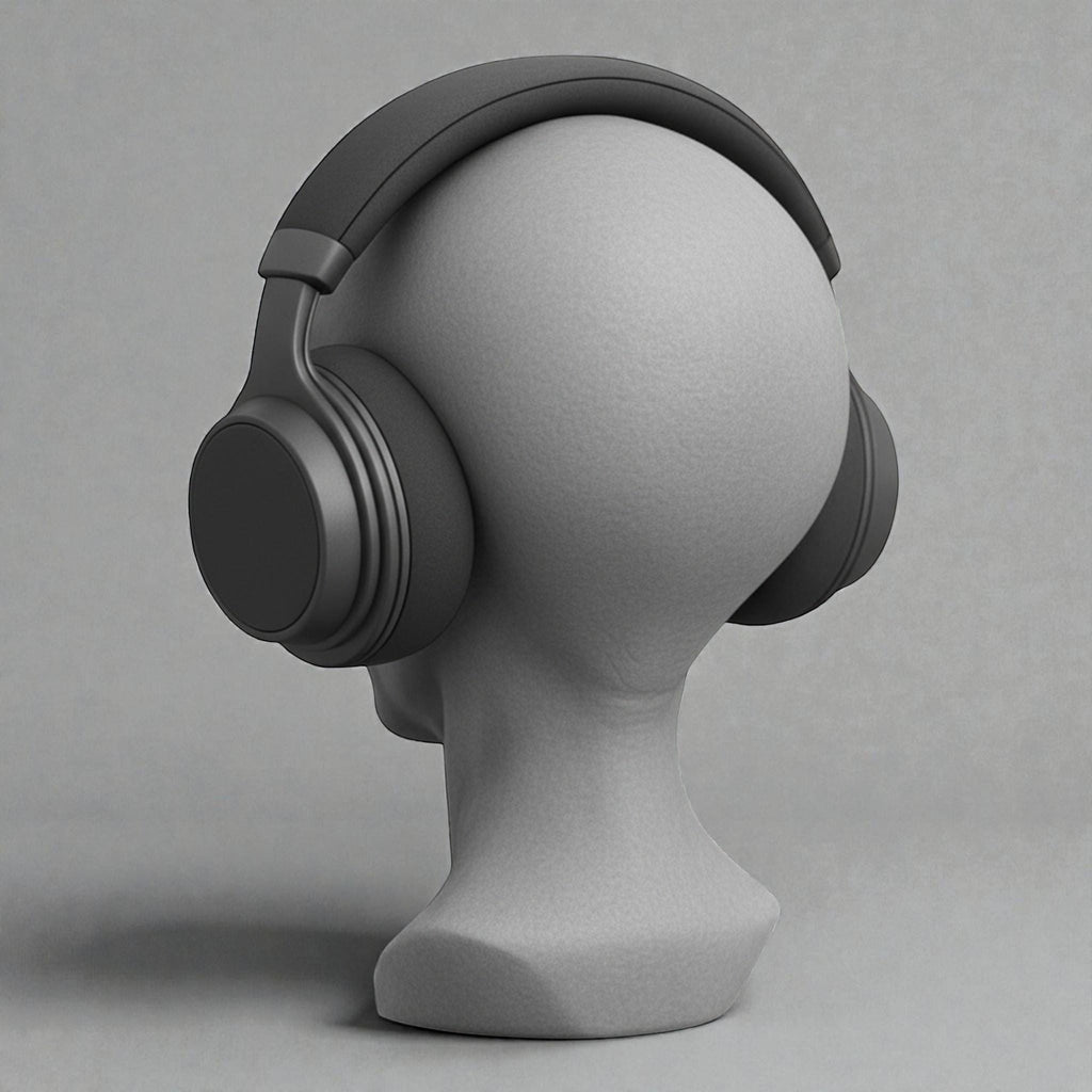 Happy3dWorld gray alien bust headphone stand displaying black over-ear headphones on a neutral background.