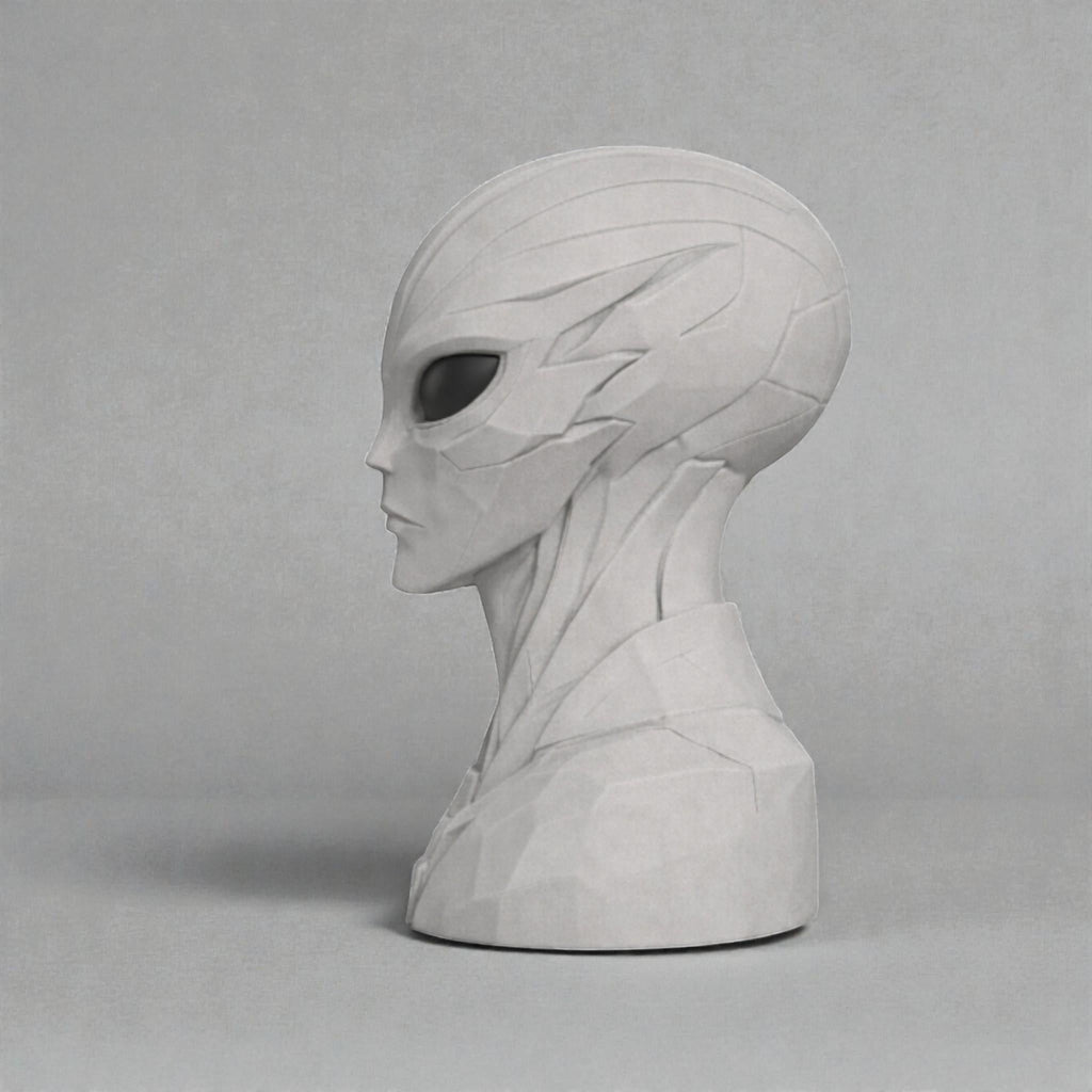 Happy3dWorld alien bust headphone stand in matte grey with a sleek sci-fi design for gamer desk organization.