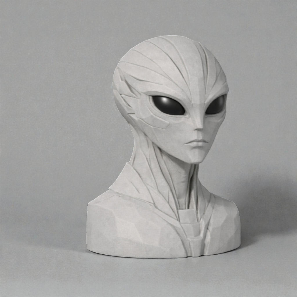 Happy3dWorld alien bust headphone stand in matte grey, featuring a futuristic sci-fi design for gamer desk decor.