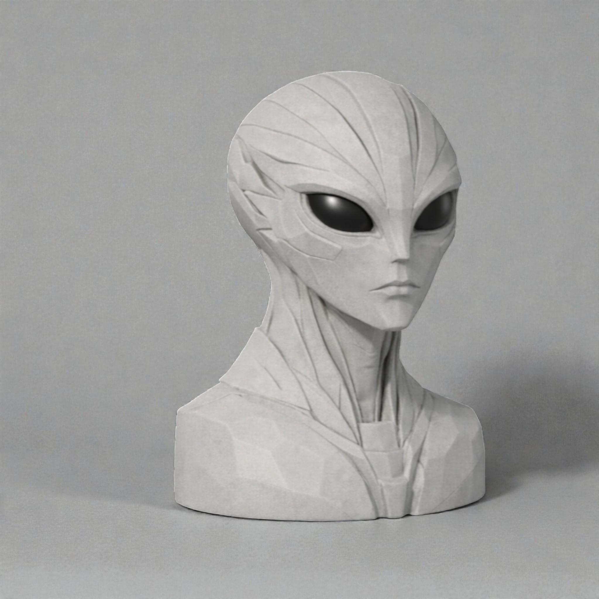 Happy3dWorld alien bust headphone stand in matte grey, featuring a futuristic sci-fi design for gamer desk decor.