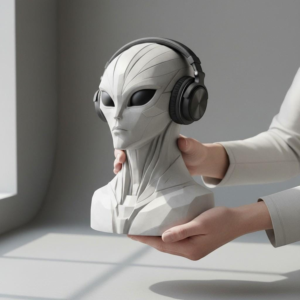 Happy3dWorld alien bust headphone stand in matte grey, holding black over-ear headphones for gamer desk decor.