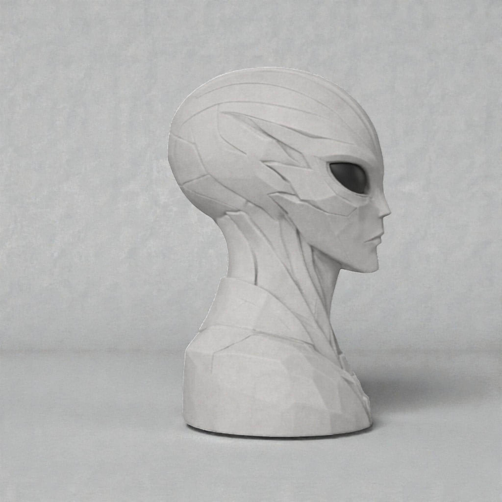 Happy3dWorld alien bust headphone stand in matte white with a futuristic sci-fi design for gamer desk organization.