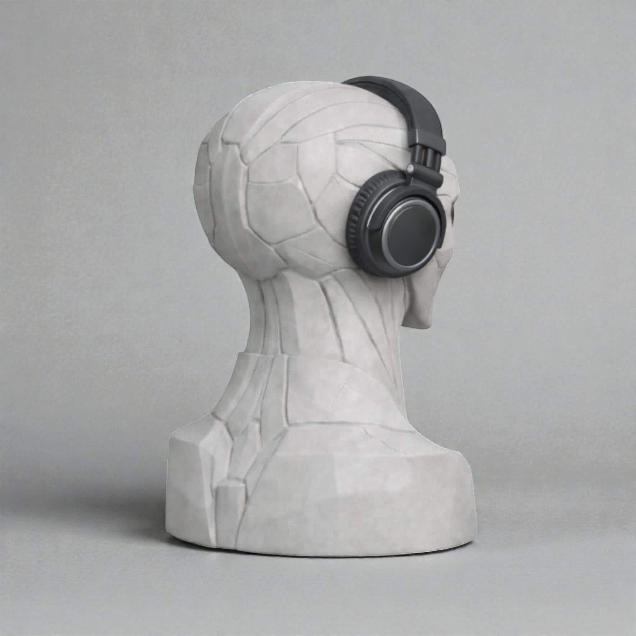 Happy3dWorld alien bust headphone stand in grey, displaying a black headset on a minimalist studio background.