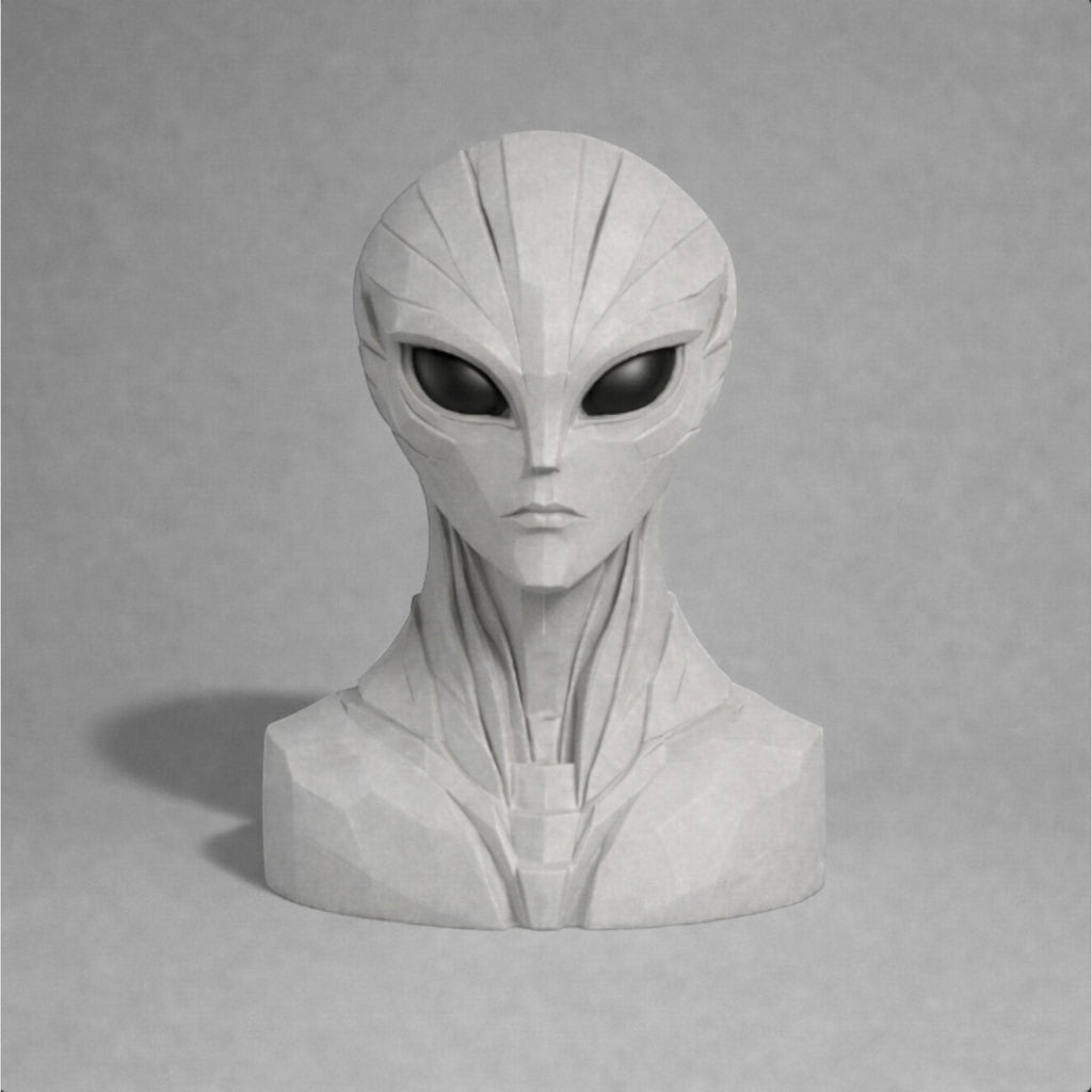 Happy3dWorld alien bust headphone stand with a sleek grey futuristic design for gamer desk organization.