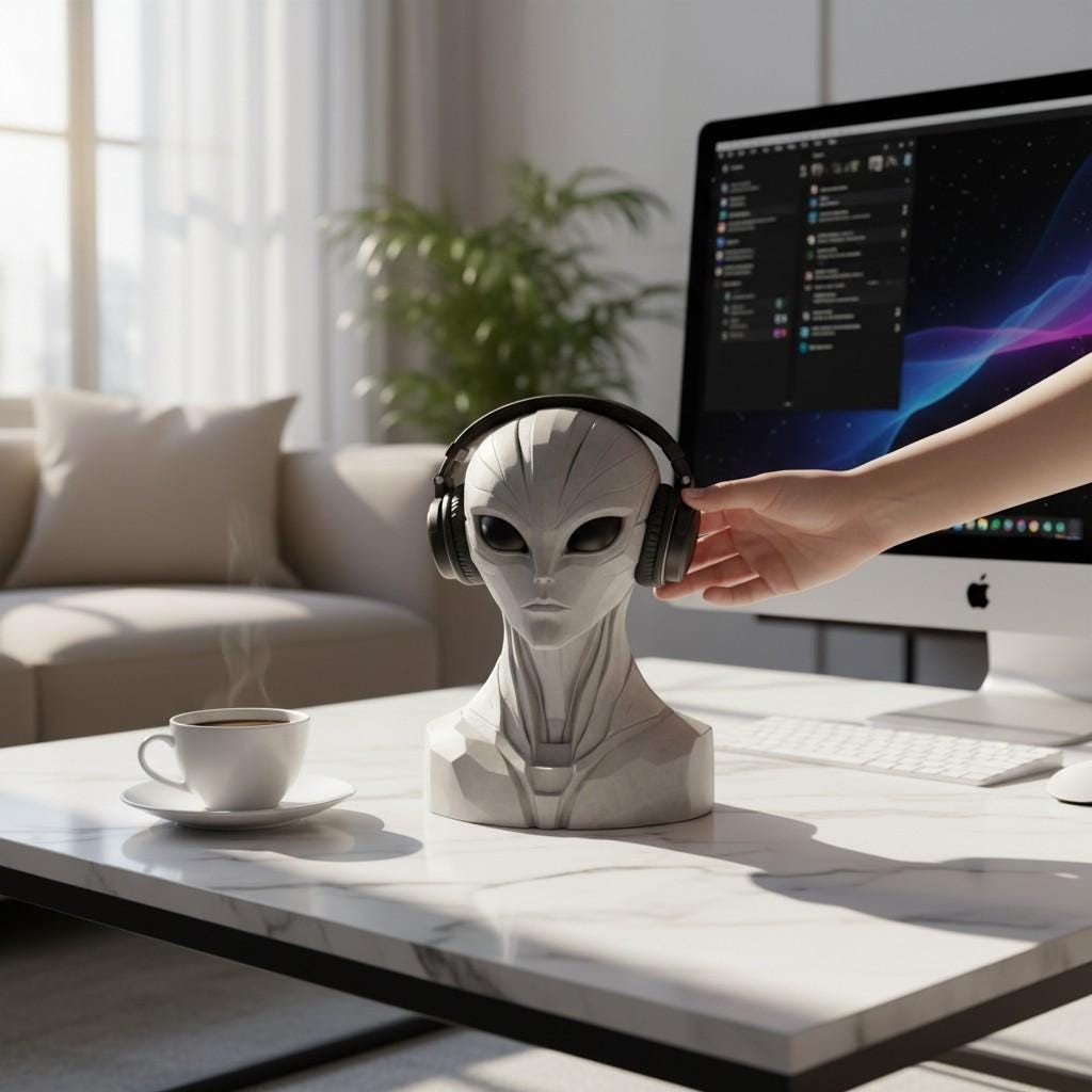 Happy3dWorld alien bust headphone stand on a marble desk with a hand adjusting black headphones in a modern office.
