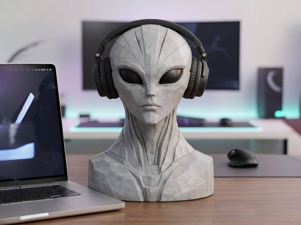 Happy3dWorld alien bust headphone stand in grey stone finish holding black over-ear headphones on a gaming desk