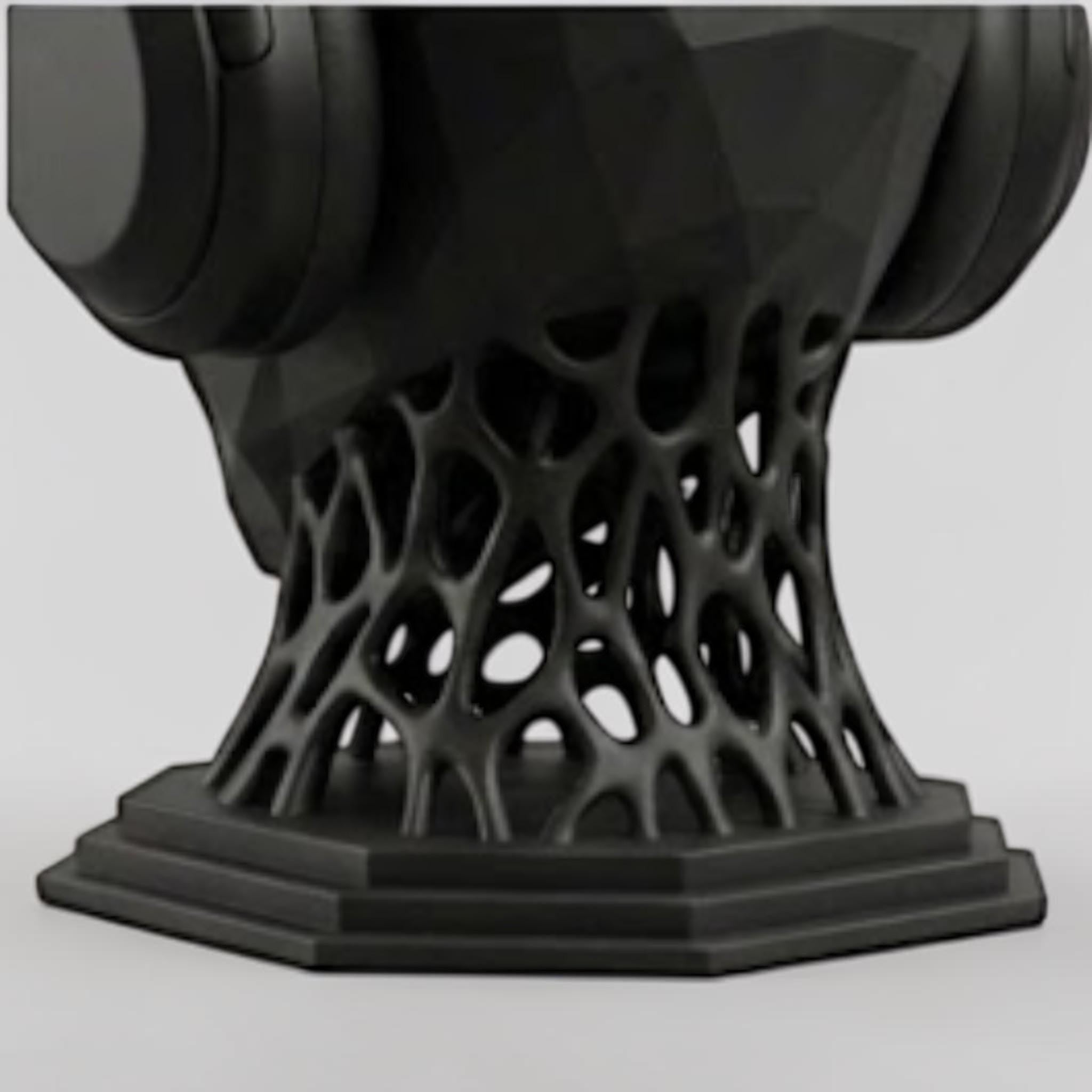 Happy3dWorld matte black 3D printed alien headphone stand with a low poly head and intricate voronoi lattice neck.