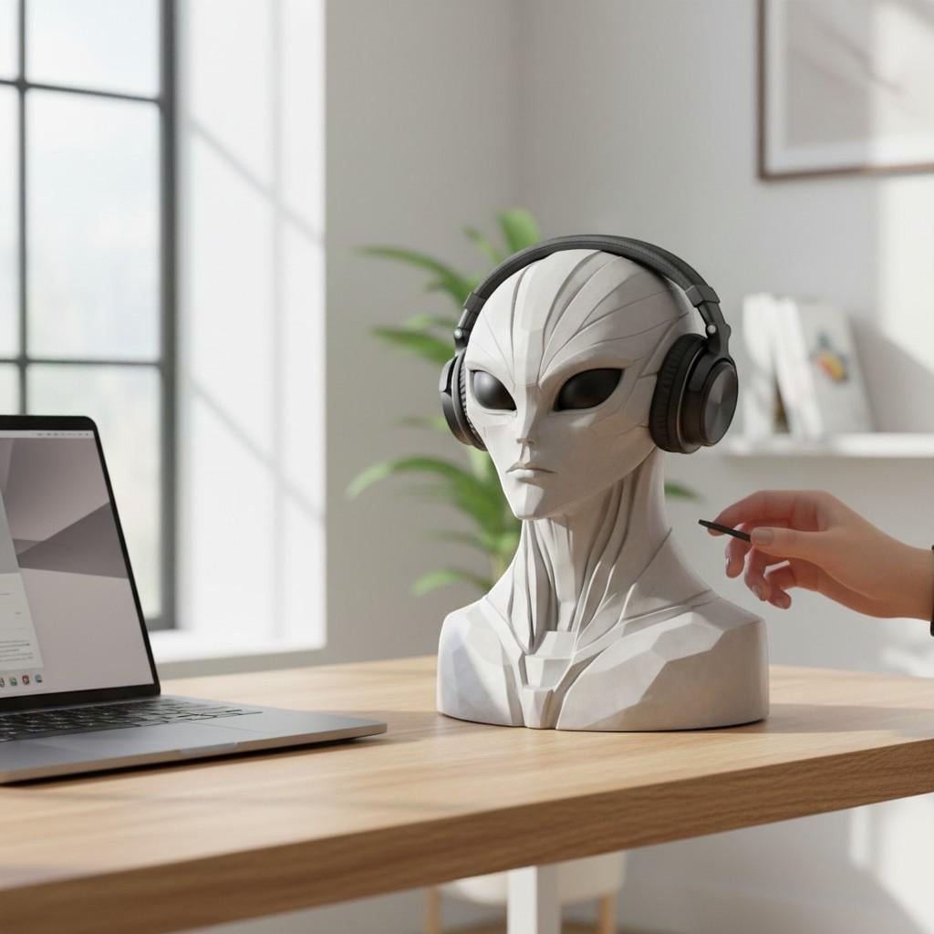Happy3dWorld alien bust headphone stand in matte grey holding black over-ear headphones on a wooden desk