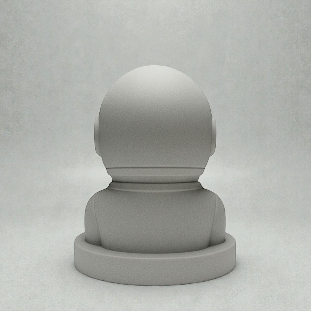 Happy3dWorld matte white 3D printed astronaut headphone stand viewed from the back on a neutral background