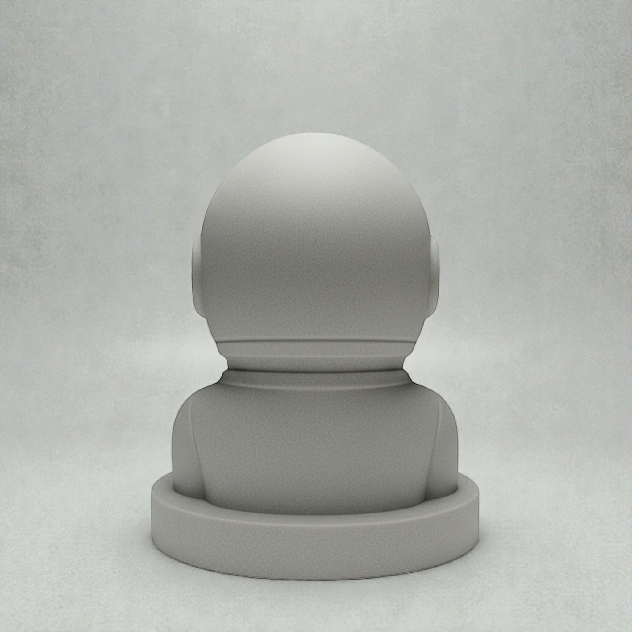 Happy3dWorld matte white 3D printed astronaut headphone stand viewed from the back on a neutral background
