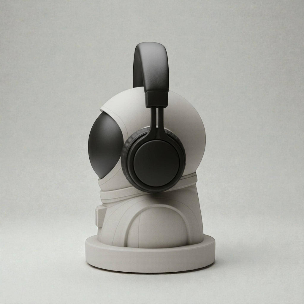 Happy3dWorld white and black astronaut headphone stand made of matte PLA plastic holding a black headset.