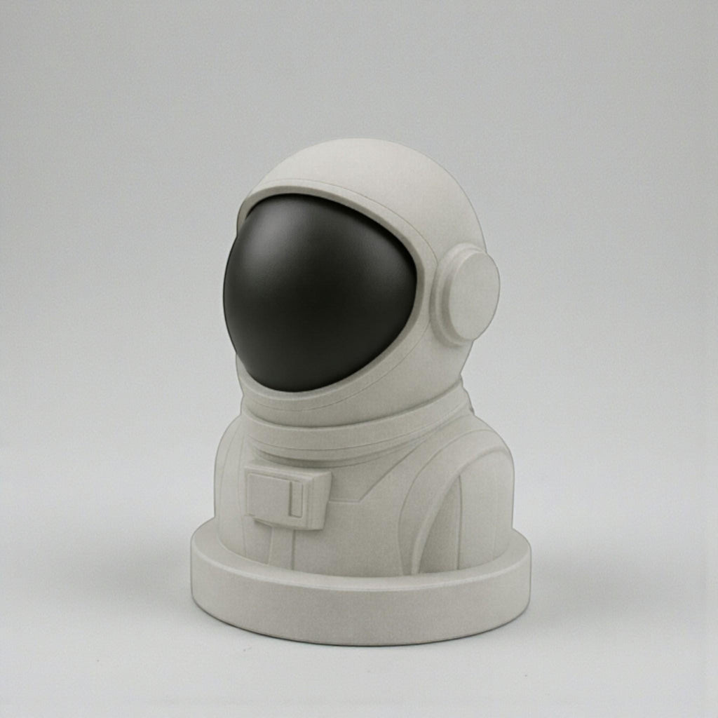 Happy3dWorld astronaut headphone stand in matte white with a black visor, 3D printed desk decor for gamers.