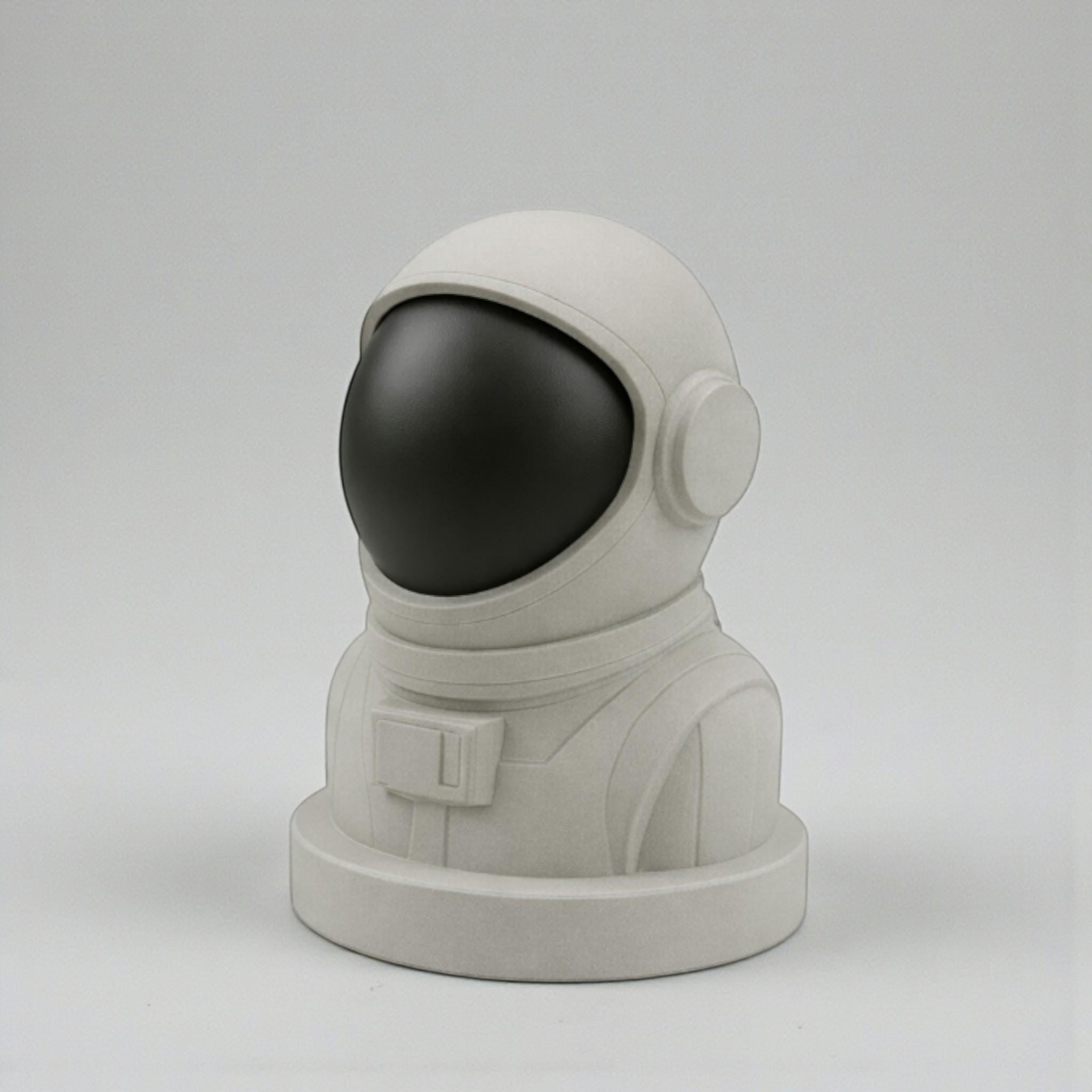 Happy3dWorld astronaut headphone stand in matte white with a black visor, 3D printed desk decor for gamers.