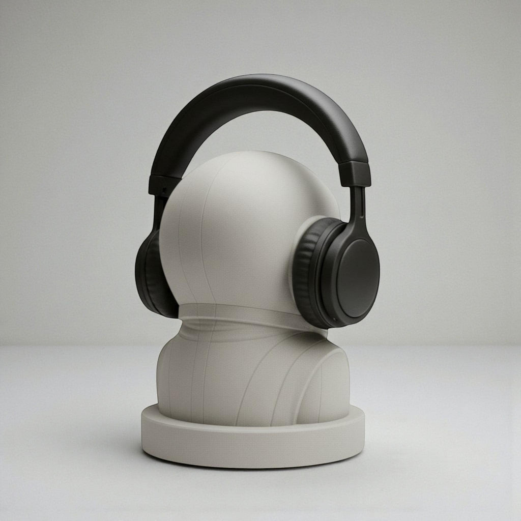 Happy3dWorld matte white astronaut headphone stand holding black over-ear headphones on a minimalist desk