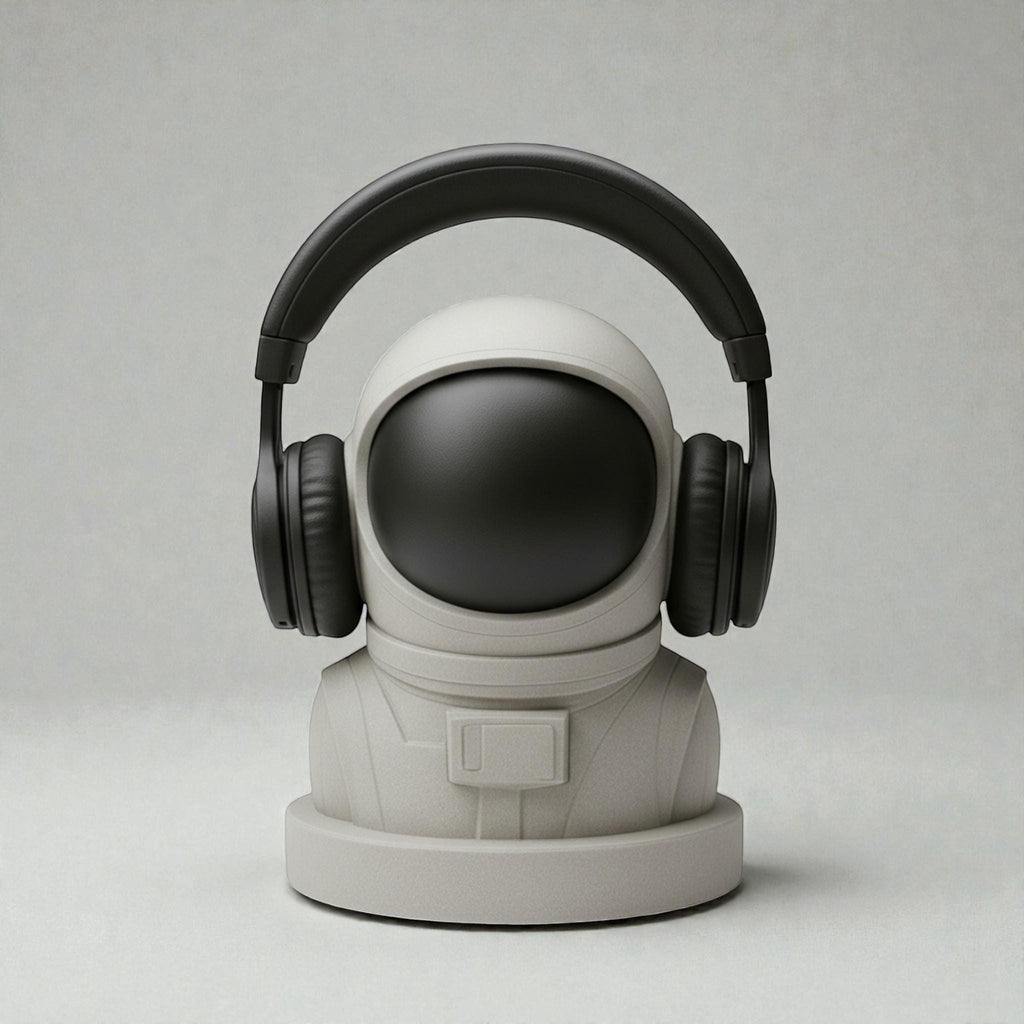 Happy3dWorld white and black 3D printed astronaut headphone stand holding a black headset on a neutral background