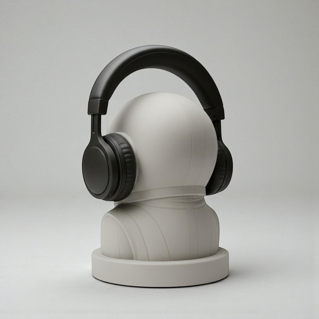 Happy3dWorld white matte 3D printed astronaut headphone stand holding black over-ear headphones on a neutral background