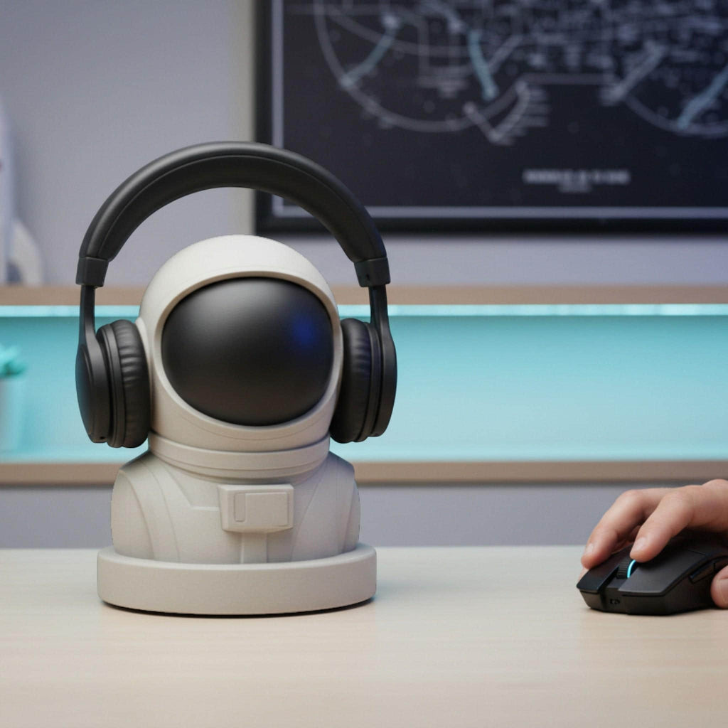 Happy3dWorld white astronaut headphone stand with black faceplate holding black over-ear headphones on a desk.