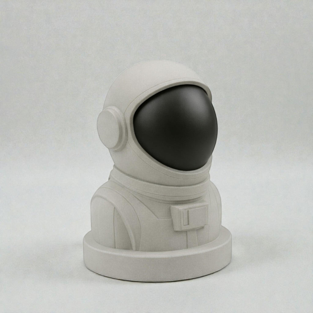 Happy3dWorld white and black astronaut headphone stand made of matte PLA plastic for gaming desk decor.