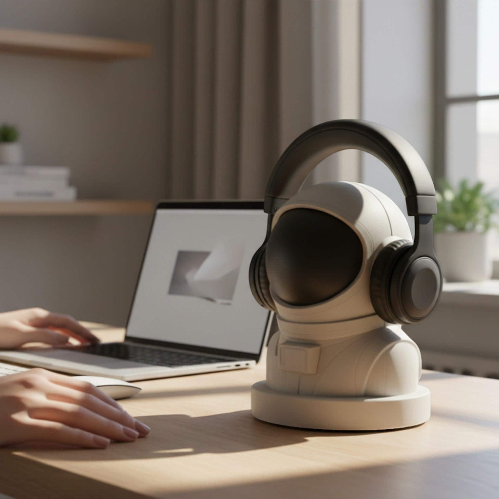 Happy3dWorld white and black astronaut headphone stand holding black over-ear headphones on a wooden desk.