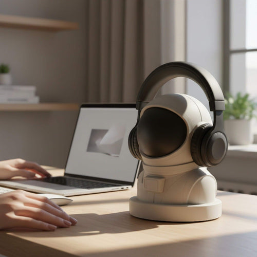 Happy3dWorld white and black astronaut headphone stand holding black over-ear headphones on a wooden desk.