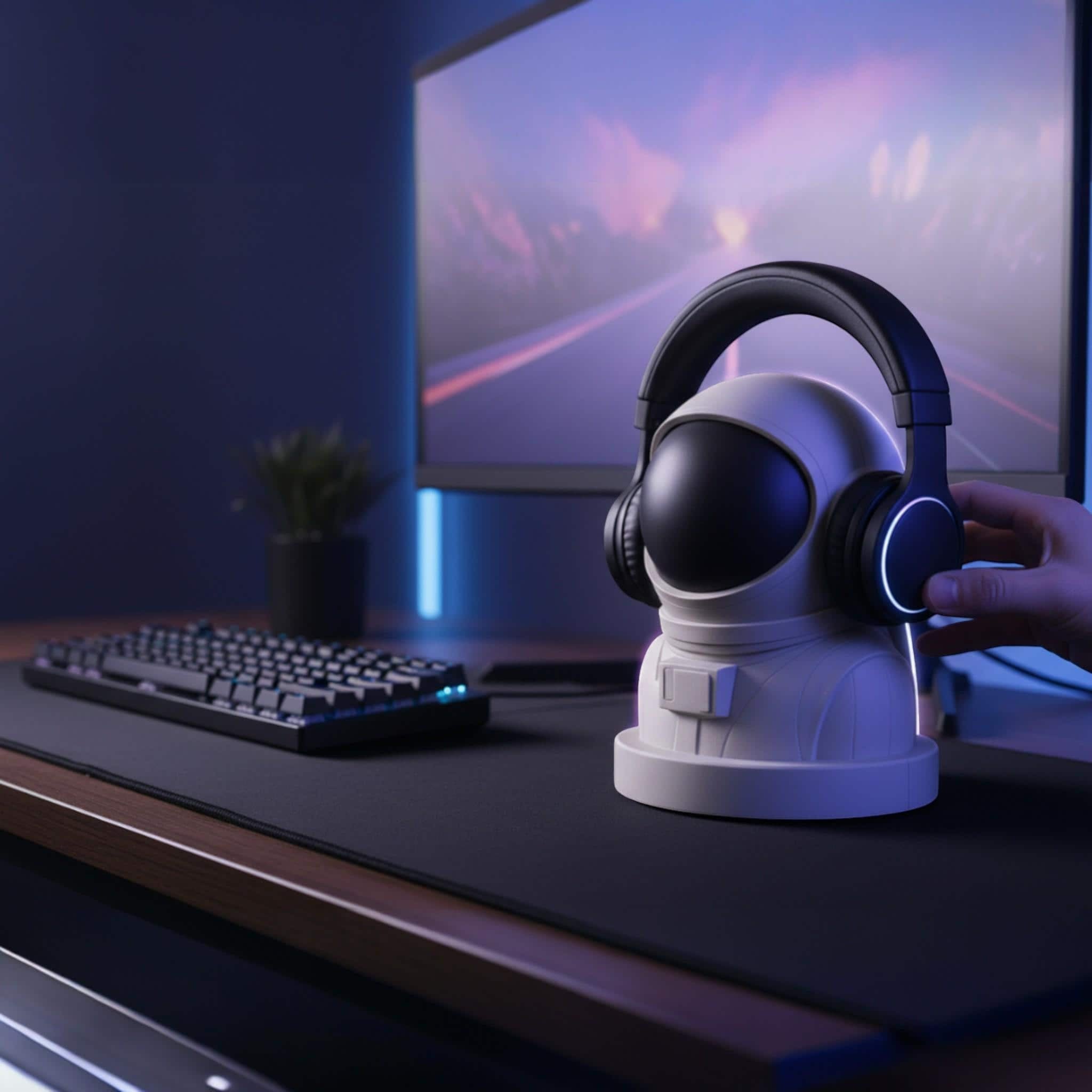 Happy3dWorld white astronaut headphone stand with black visor holding gaming headset on a desk with keyboard