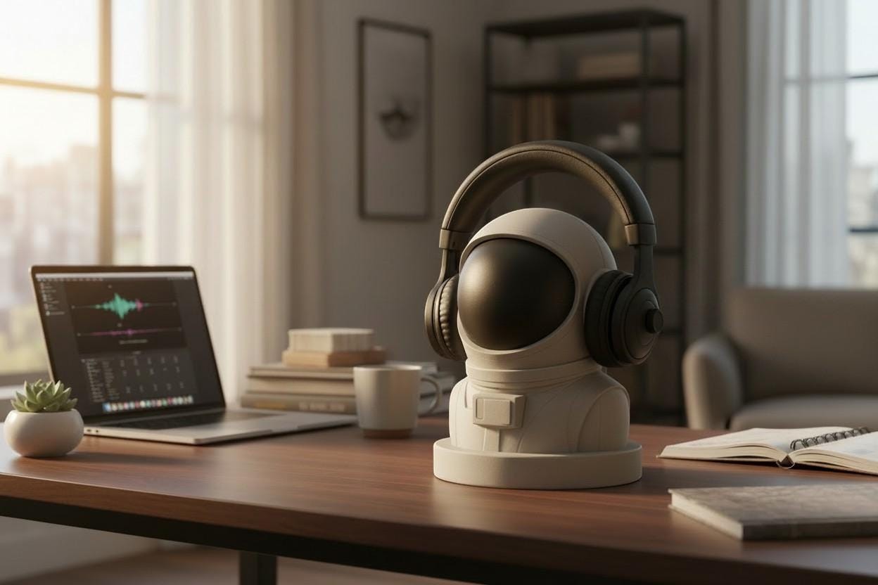 Happy3dWorld white astronaut headphone stand with black visor holding over-ear headphones on a wooden desk.