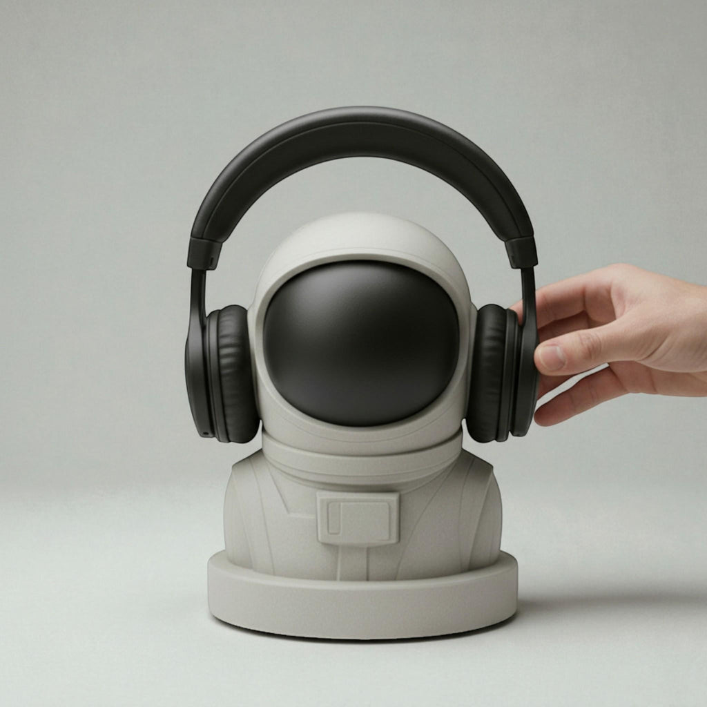 Happy3dWorld white and black 3D printed astronaut headphone stand holding black over-ear headphones on a desk