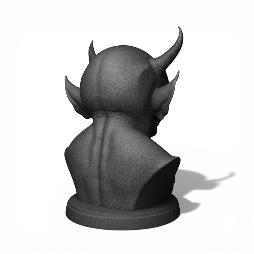 Happy3dWorld black 3D printed demon bust headphone stand showing back view with horns and detailed muscular texture
