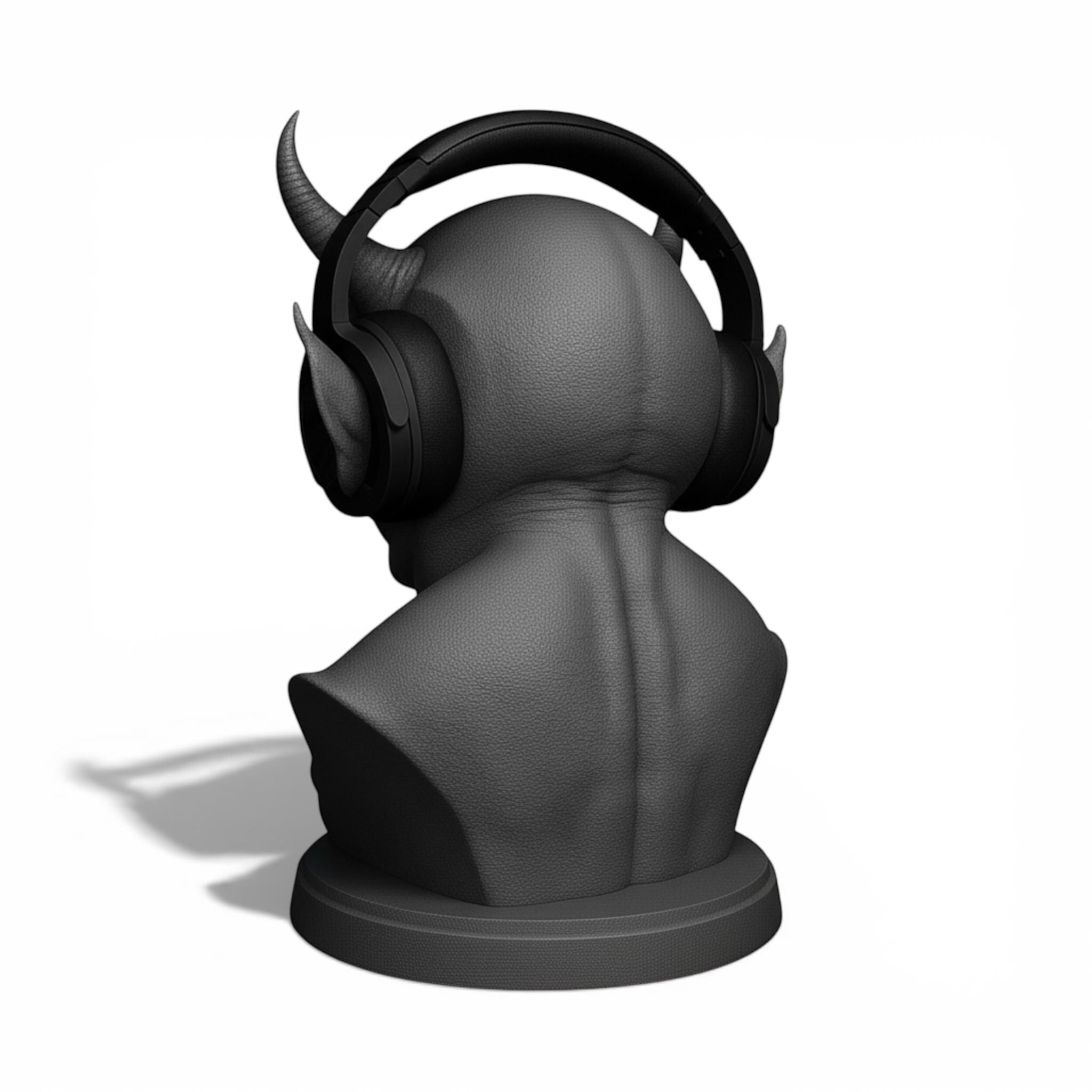 Happy3dWorld black demon bust headphone stand holding over-ear gaming headset, 3D printed gothic desk accessory