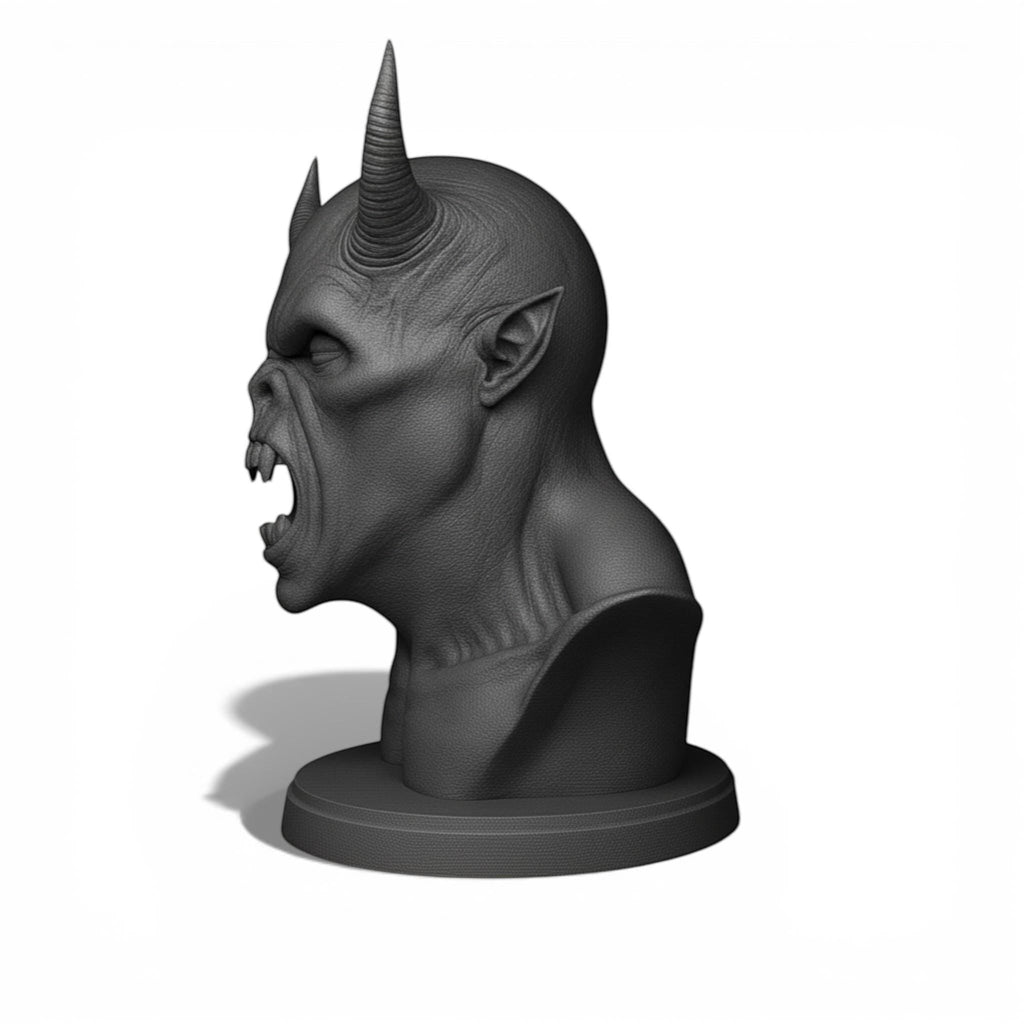 Happy3dWorld matte black 3D printed demon bust headphone stand with sharp horns and aggressive expression
