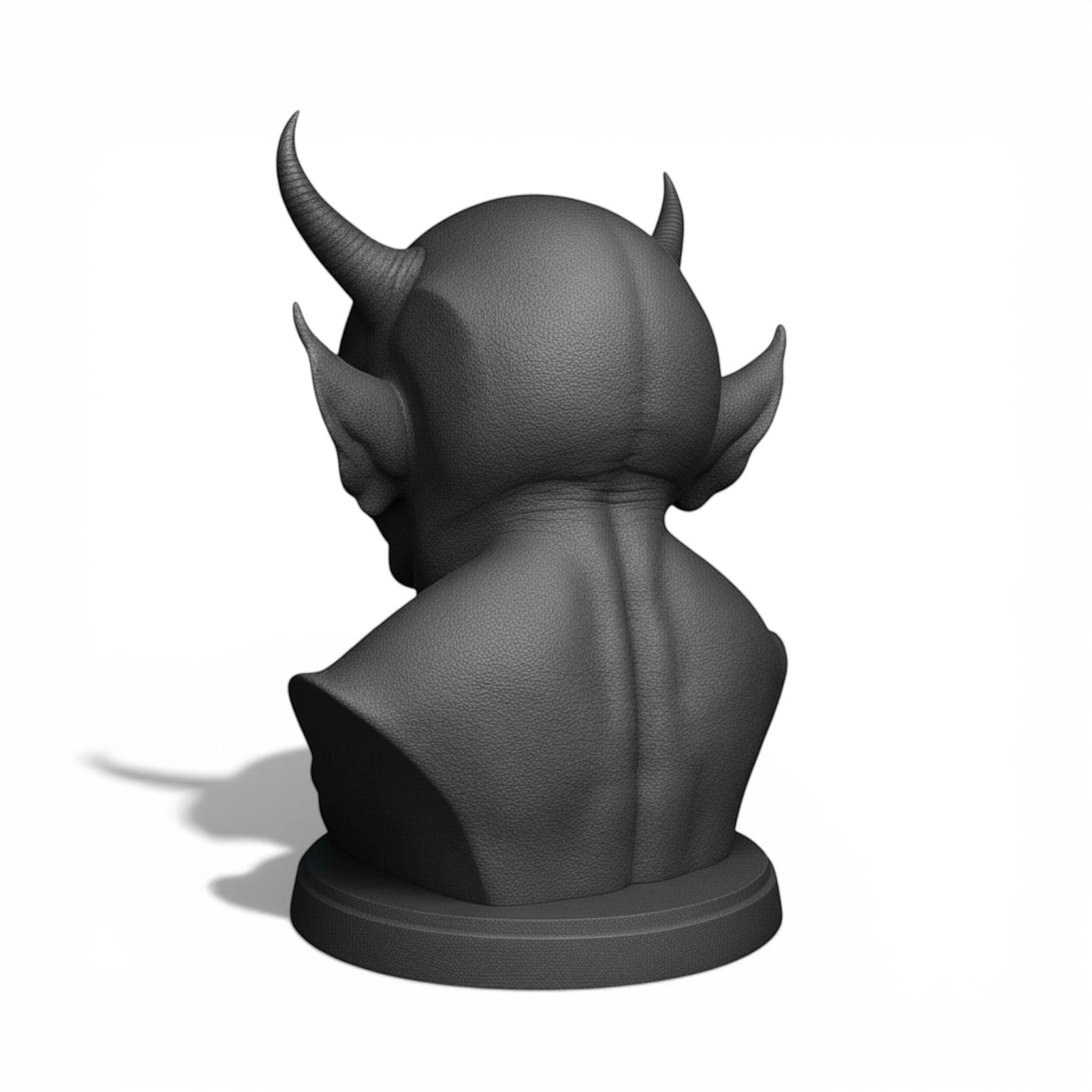 Happy3dWorld black demon bust headphone stand showing the back view with detailed horns and textured matte finish.