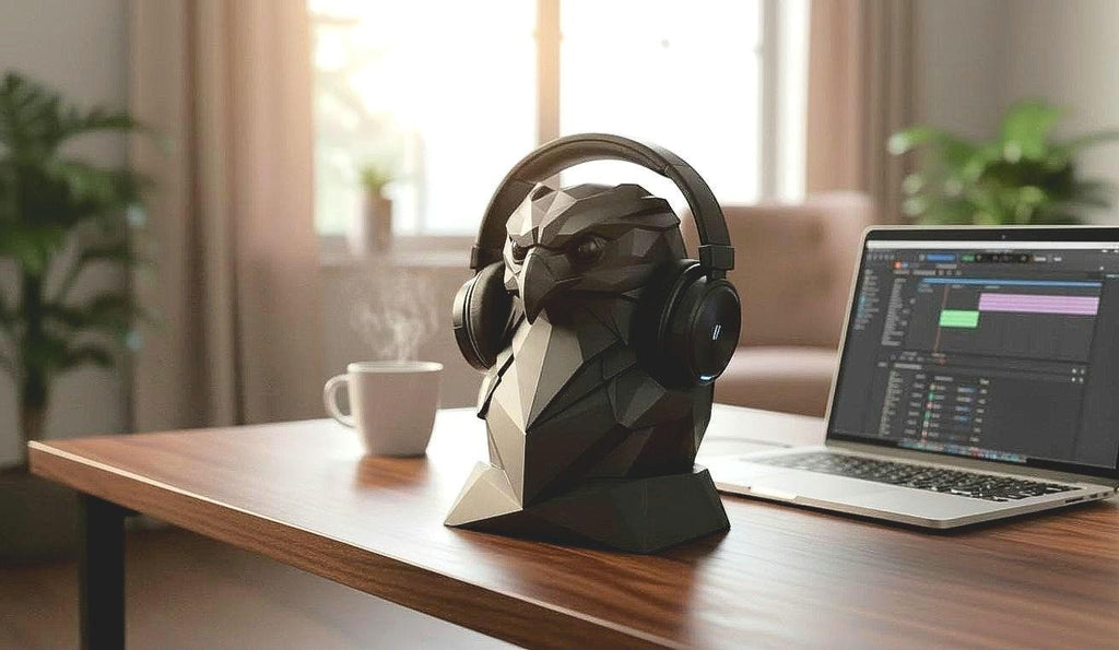 Happy3dWorld black geometric low-poly eagle headphone stand holding over-ear headphones on a wooden desk.