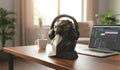 Happy3dWorld black geometric low-poly eagle headphone stand holding over-ear headphones on a wooden desk.