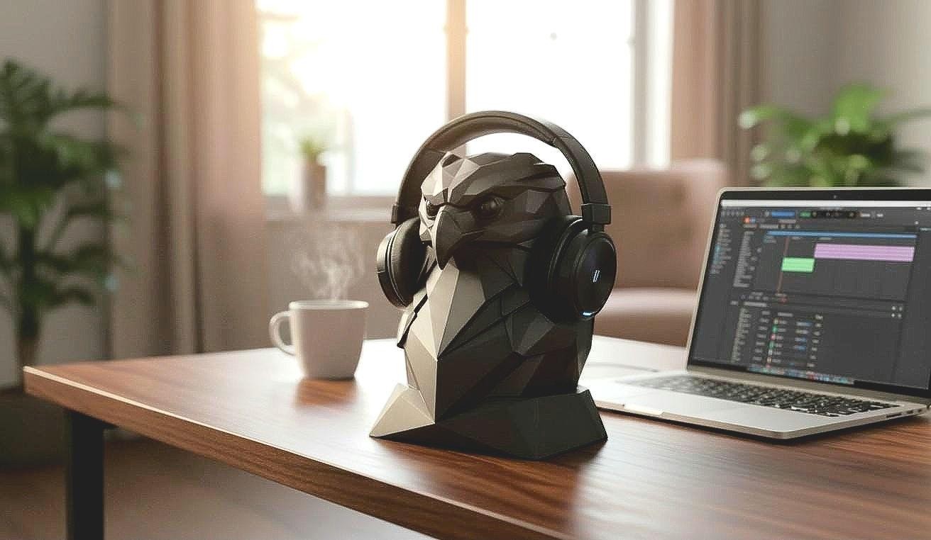 Happy3dWorld black geometric low-poly eagle headphone stand holding over-ear headphones on a wooden desk.