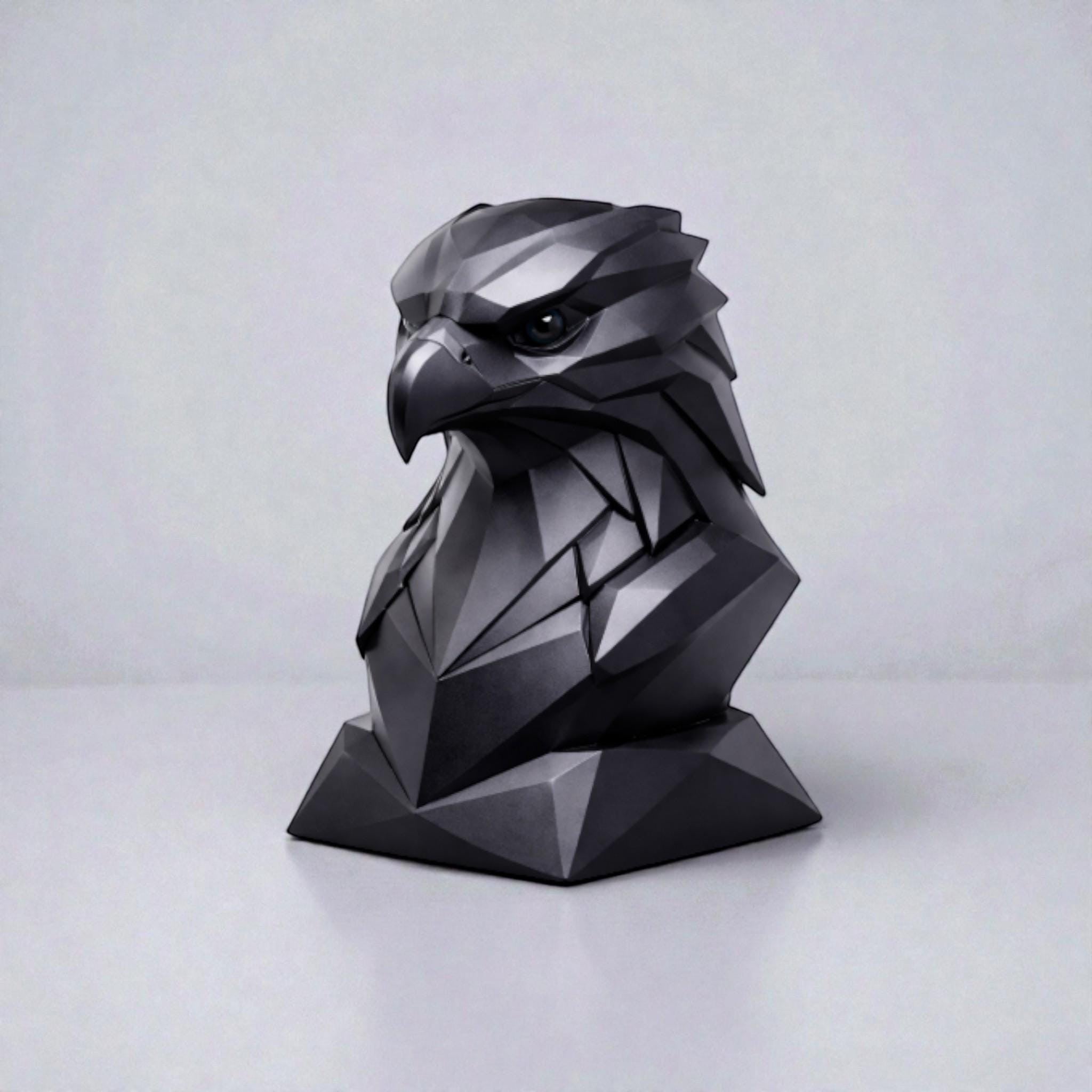 Happy3dWorld black geometric eagle headphone stand with a matte low-poly finish for modern desk organization