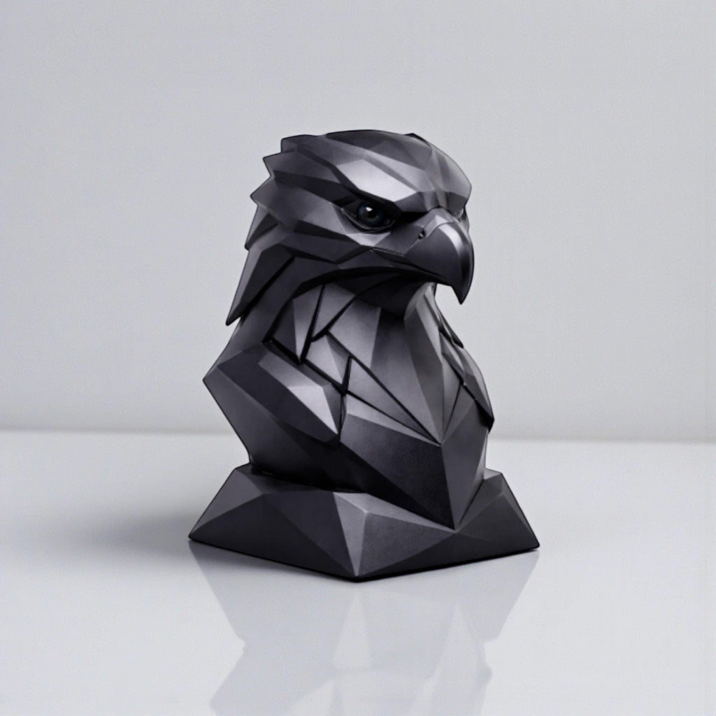 Happy3dWorld black geometric eagle headphone stand with a low-poly faceted design for modern desk organization.