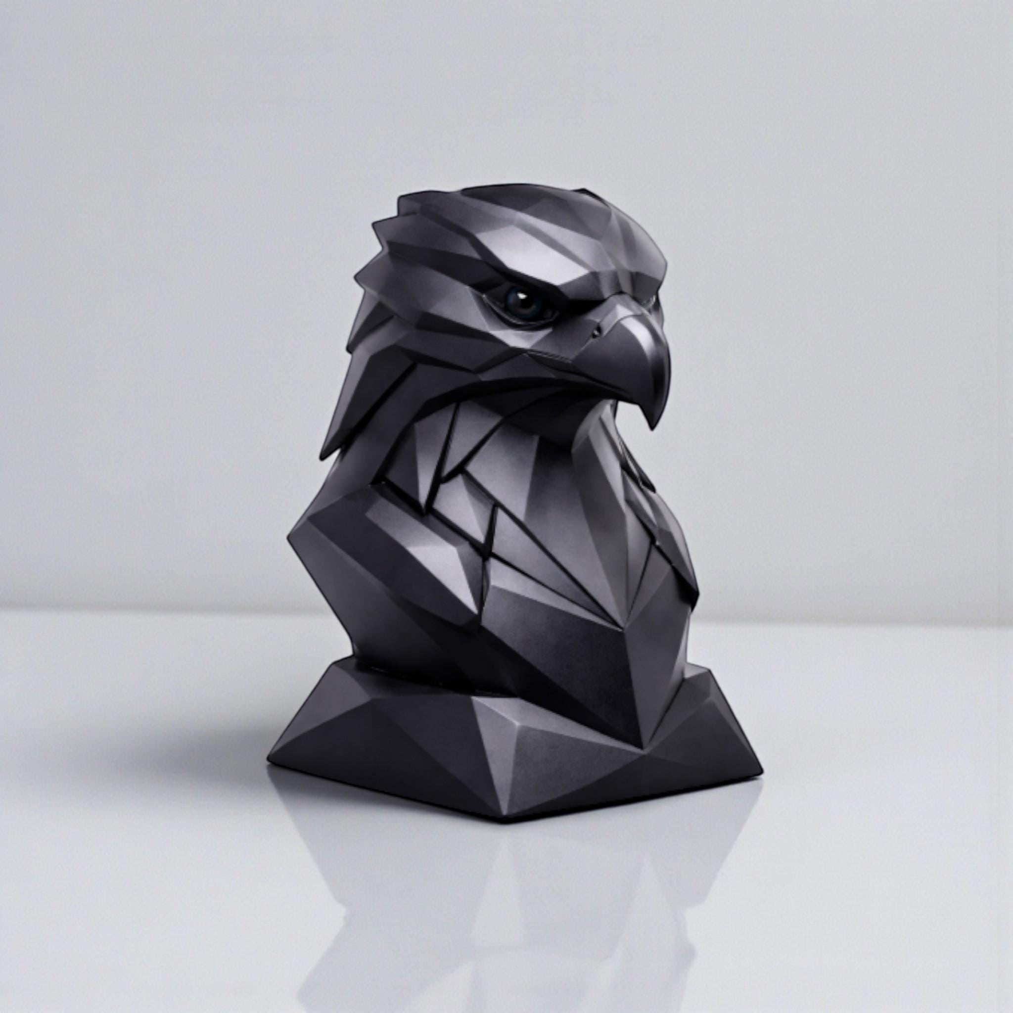 Happy3dWorld black geometric eagle headphone stand with a low-poly faceted design for modern desk organization.