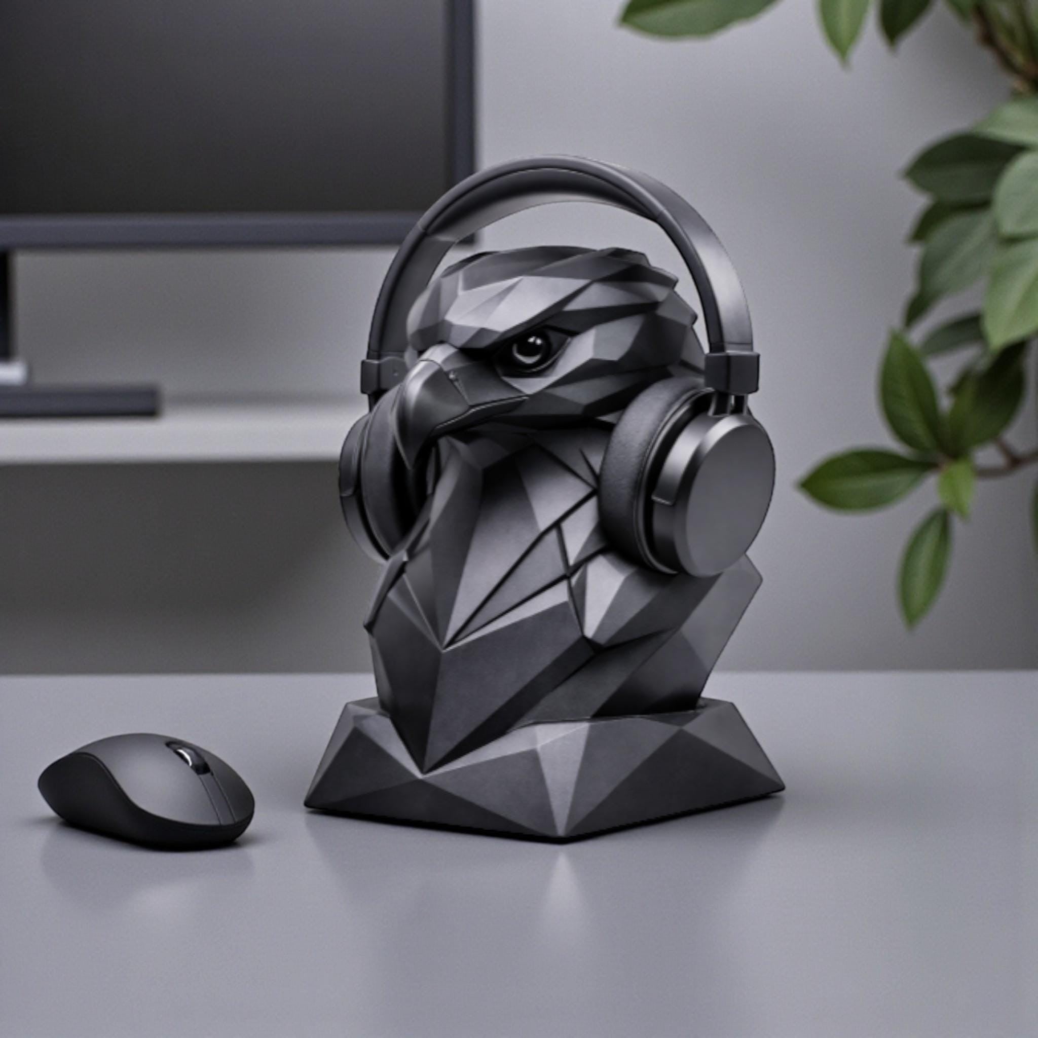 Happy3dWorld black geometric eagle headphone stand with a low-poly faceted design holding over-ear headphones on a desk
