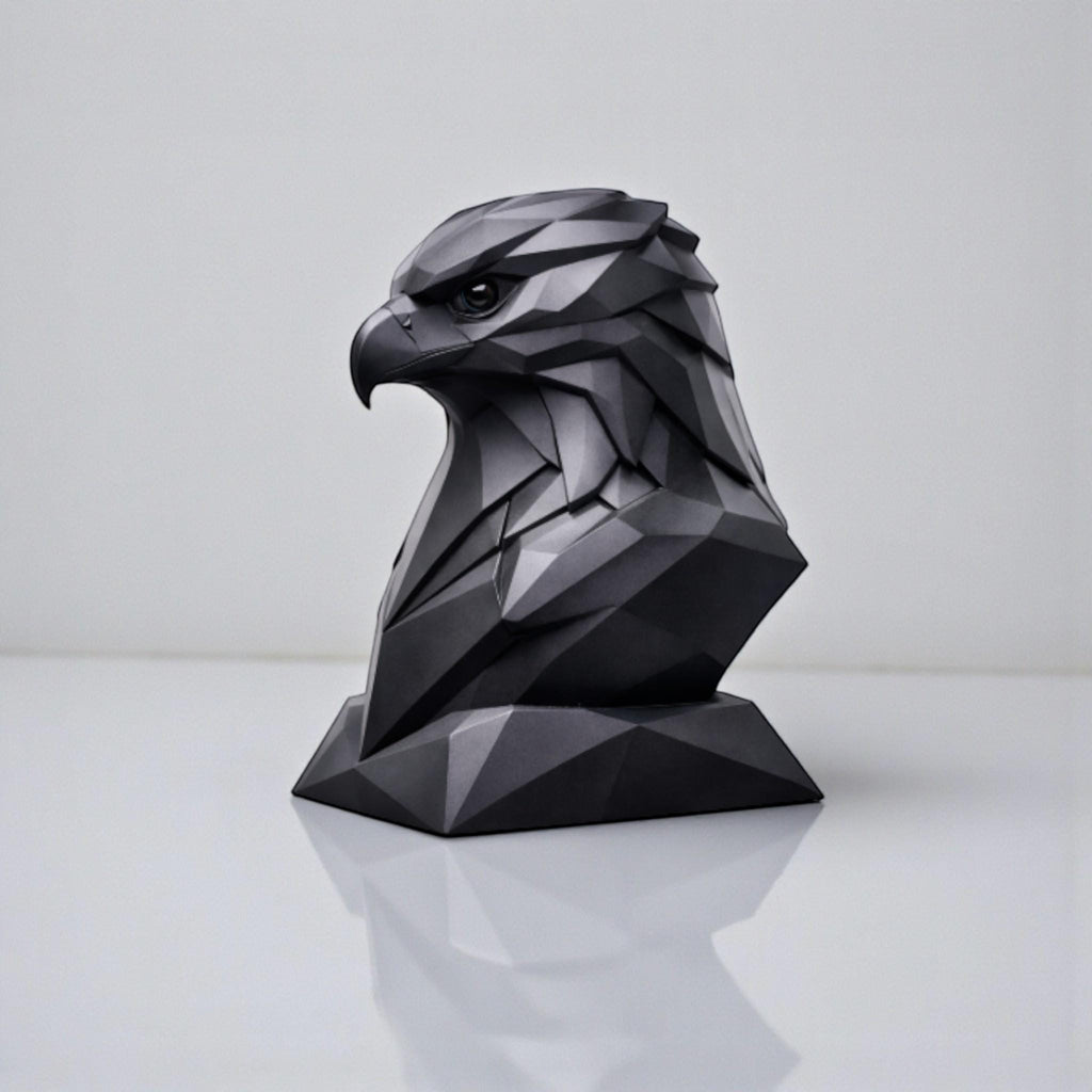 Happy3dWorld black geometric eagle head headphone stand with a matte low-poly finish for modern desk organization.