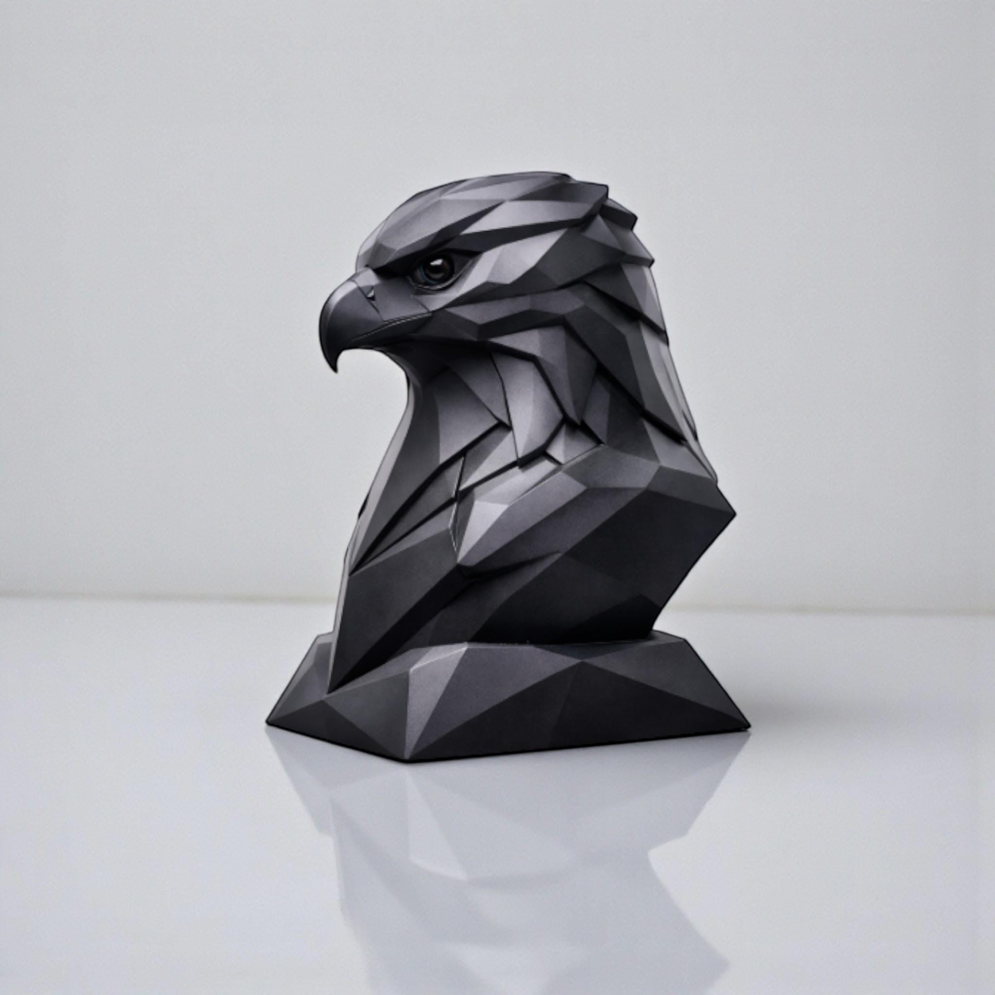 Happy3dWorld black geometric eagle head headphone stand with a matte low-poly finish for modern desk organization.