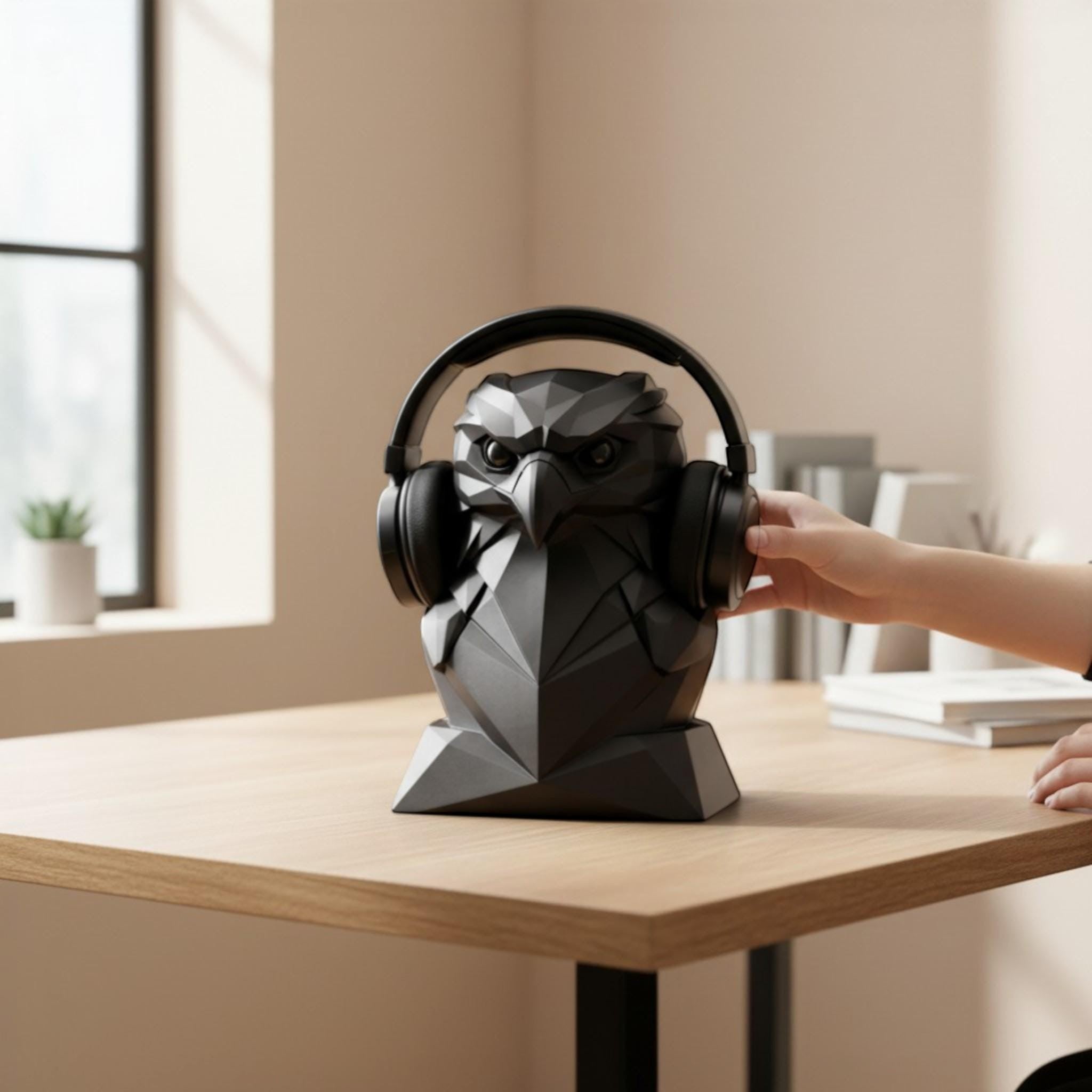 Happy3dWorld black geometric eagle headphone stand on a wooden desk with a hand adjusting the headset