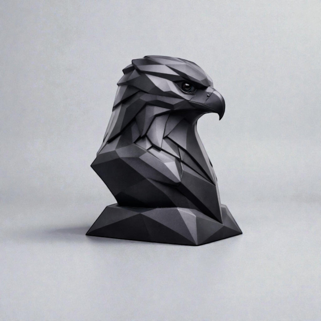 Happy3dWorld black geometric eagle headphone stand with a matte low-poly faceted design for modern desk organization.