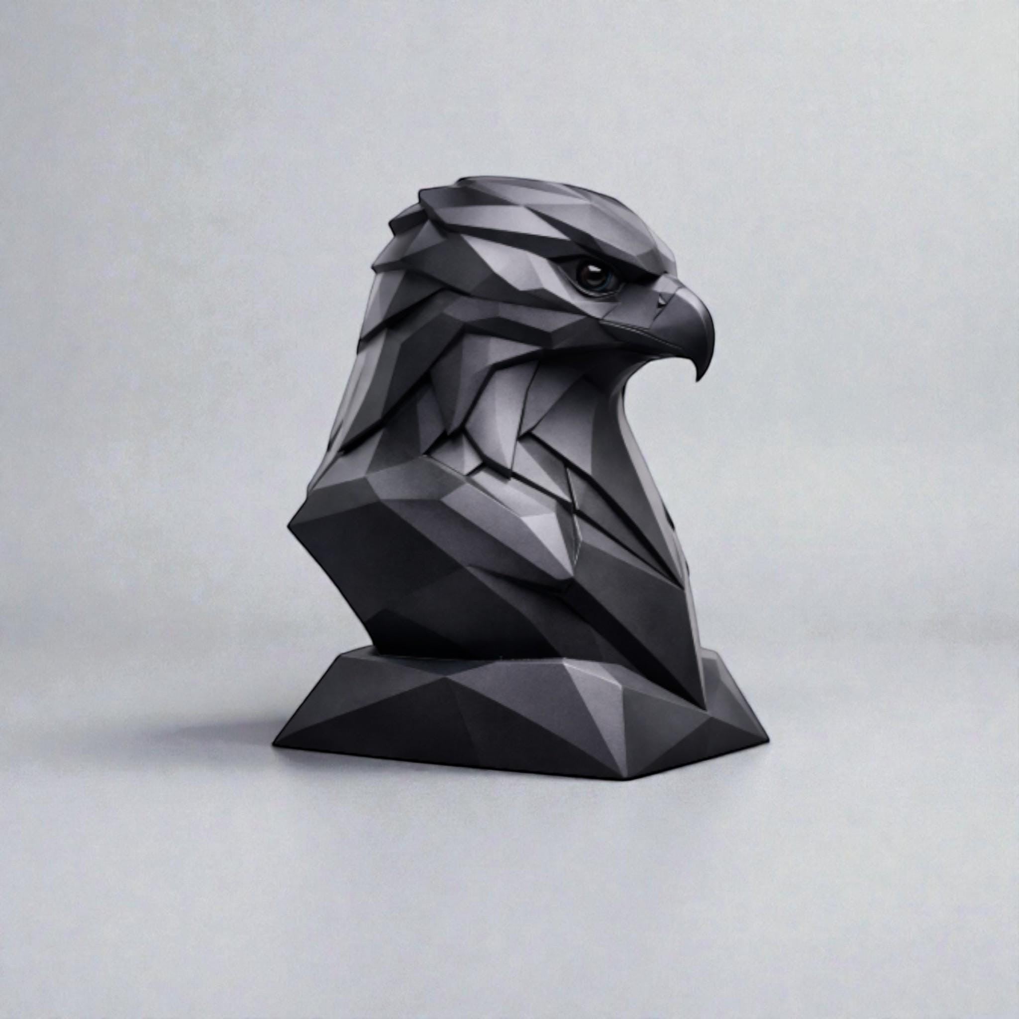 Happy3dWorld black geometric eagle headphone stand with a matte low-poly faceted design for modern desk organization.